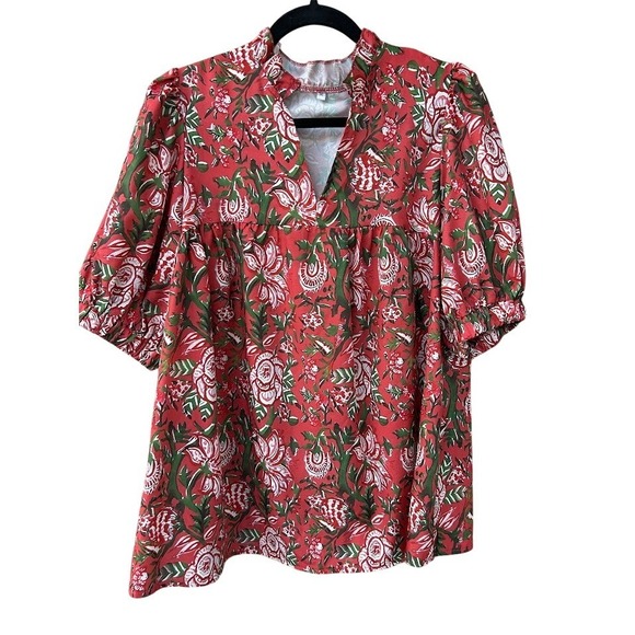 Tops - Womens Red Floral Print‎ Puff Sleeve Mock Neck Tunic Top M
